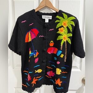 VTG Victoria Harbour Black Tropical Cardigan Embroidered beach fish tropical
